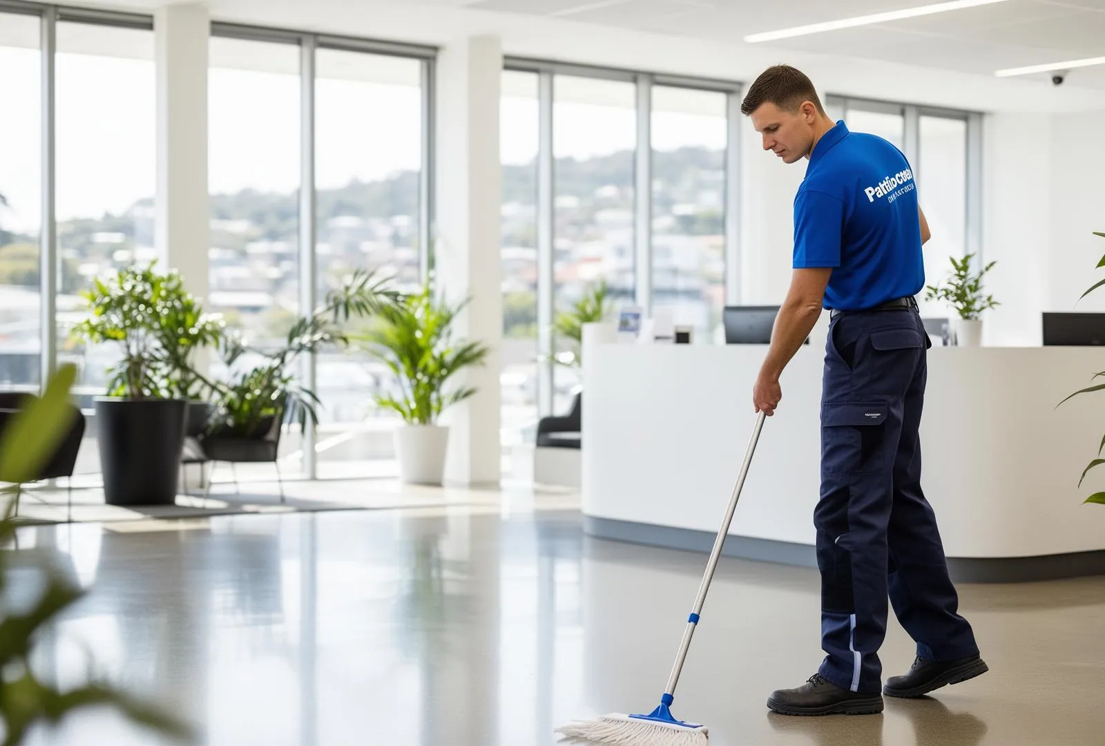 Abels technician cleaning a modern Hobart office reception